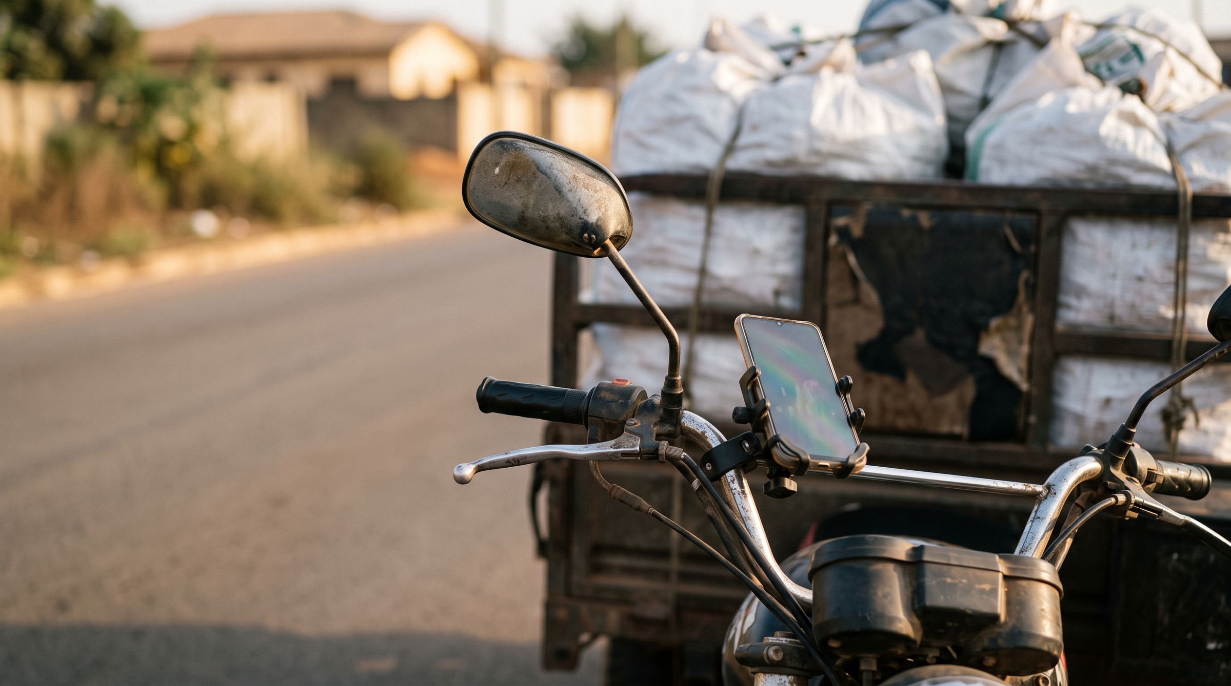 Illustration: handlebar view of an aboboyaa cargo tricycle loaded with coconut-shell sacks, phone mount on the handlebar