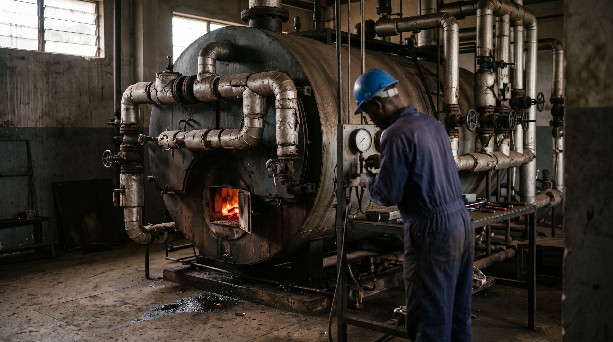 Illustration: inside an industrial boiler house, a worker in overalls checking a gauge beside a lit furnace